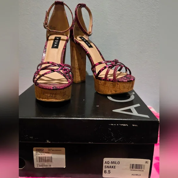 Aqua Women's Pink Snake Platform Cork Like Ankle Strap Heels, Size 6.5M - Picture 2 of 10